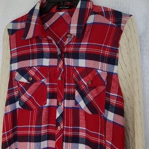 Blu Pepper Red Plaid Shirt Knit Sweater Sleeves S
